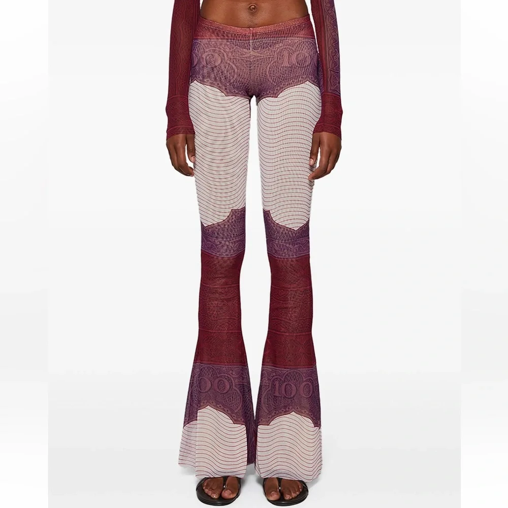 JEAN PAUL GAULTIER CARTOUCHE PRINTED MESH FLARE PANT PURPLE XS US4 $863 - Picture 3 of 6